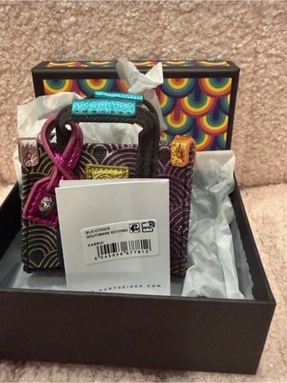 Kurt Geiger Multicolor Fabric Southbank Mini Bag Keyring with Metallic Accents